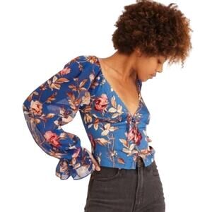 Urban Outfitters Topanga Button-Front Cropped Top Womens Size Small Blue Smocked